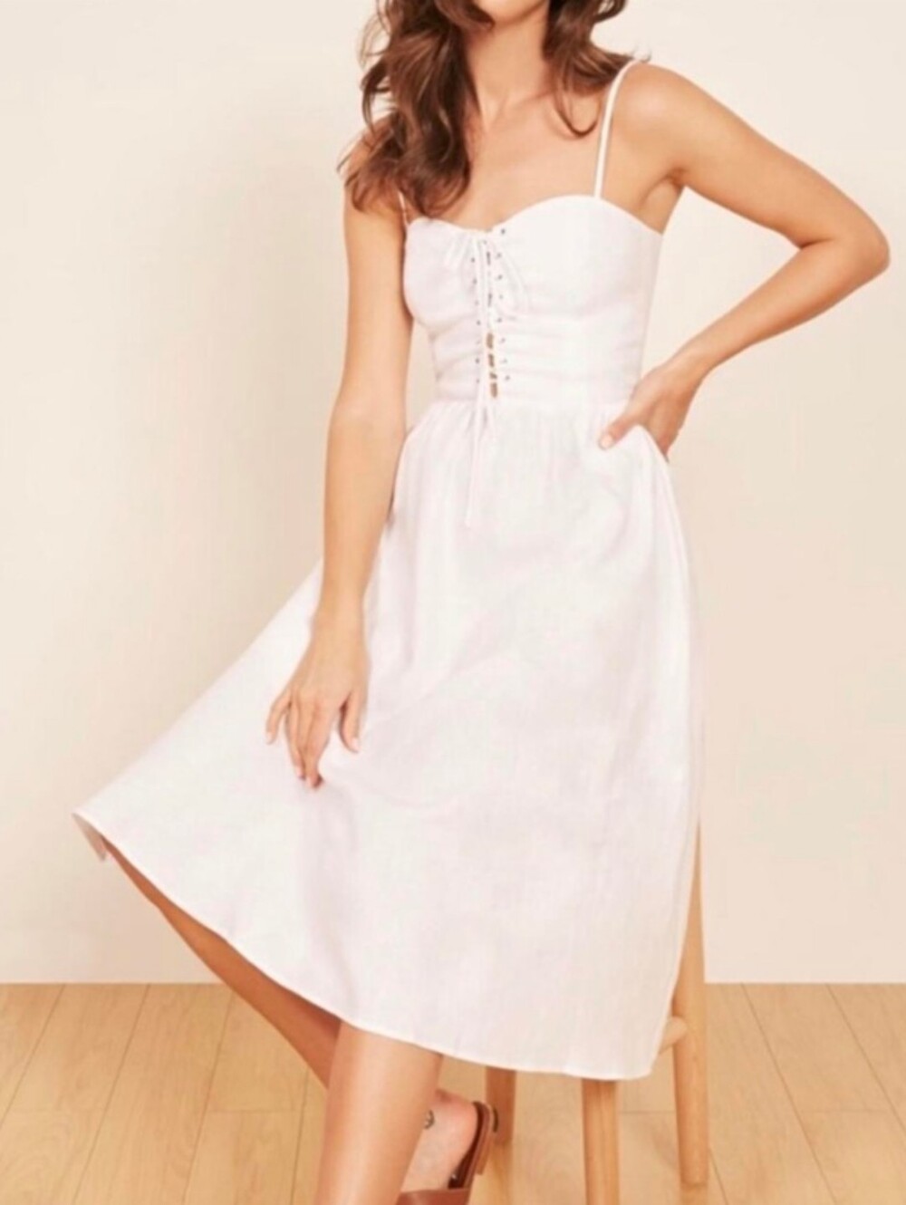 Reformation Serena White Linen Midi Dress Size 20 EUC Lace-Up Pockets
